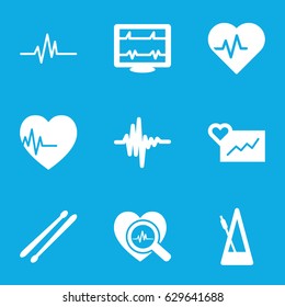 Beat icons set. set of 9 beat filled icons such as heartbeat, heartbeat search, drum stick, music equalizer, metronome