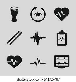 Beat icons set. set of 9 beat filled icons such as heartbeat, heartbeat clipboard, drum stick, music equalizer