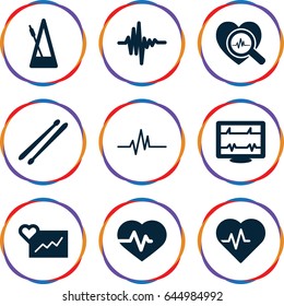 Beat icons set. set of 9 beat filled icons such as heartbeat, heartbeat search, drum stick, music equalizer, metronome