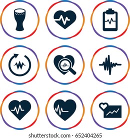 Beat icons set. set of 9 beat filled icons such as heartbeat, heartbeat clipboard, heartbeat search, music equalizer, drum