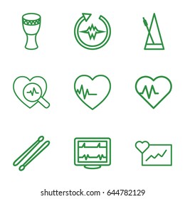 Beat icons set. set of 9 beat outline icons such as heartbeat, heartbeat search, drum stick, metronome, drum