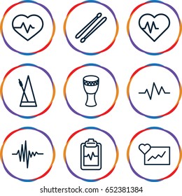 Beat icons set. set of 9 beat outline icons such as heartbeat, heartbeat clipboard, drum stick, music equalizer, metronome, drum
