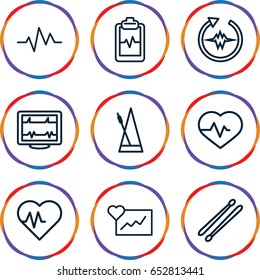 Beat icons set. set of 9 beat outline icons such as heartbeat, heartbeat clipboard, drum stick, metronome