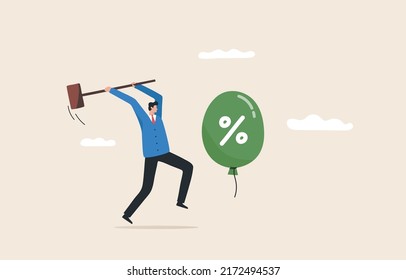 Beat inflation. 
Federal Reserve seeks to control inflation by influencing interest rates. economic risk or investment bubble. Businessman trying to hit balloons with a hammer.