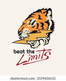 beat the limits slogan with tiger head and thunder bolt vector illustration