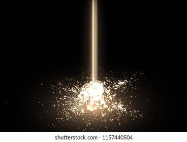 Beat a neon beam with a lot of sparks. Heavy explosion. Golden sparkling background. The Power of Energy