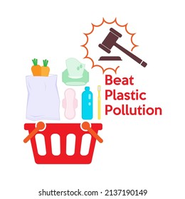 Beat plastic pollution by legislation to restrict plastic use in manufacturing process, helping to reduce plastic consumption. Vector illustration outline flat design style.