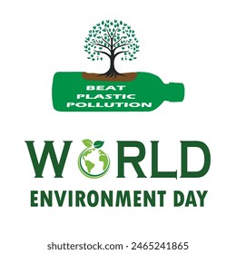 Beat Plastic Pollution. Green plastic bottle, world map and plant concept. World Environment Day. 5th June. EPS editable file. 