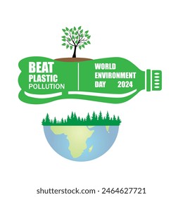 Beat Plastic Pollution. World Environment Day. 5 June. Green plastic bottle and plant concept, 2024. Vector illustration