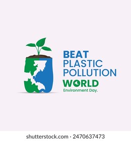 Beat Plastic Pollution World Environment Day. Blue plastic bottle and Green global concept. Better Environment, Better Tomorrow.