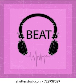 Beat slogan graphic with headphone vector illustration for t shirt and other uses. Musical typography poster on pink background. Eps 10