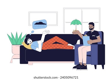 Beat winter blues with psychotherapy 2D linear illustration concept. Patient physiotherapist cartoon characters isolated on white. SAD treatment therapy metaphor abstract flat vector outline graphic