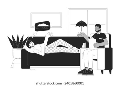 Beat winter blues with psychotherapy black and white 2D illustration concept. Patient physiotherapist cartoon outline characters isolated on white. SAD treatment therapy metaphor monochrome vector art