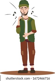 Beatboxer with microphone singing. Boy hipster, beard, cartoon, flat, character,isolated vector.  