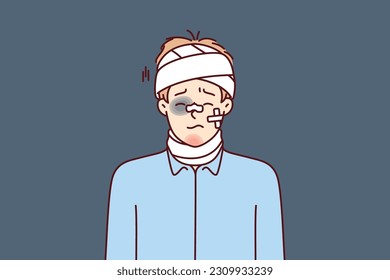 Beaten man with bandages on head and band-aid on face after accident or catastrophe needs medical help. Guy with hematomas and bruises after being beaten by hooligans or falling from great height