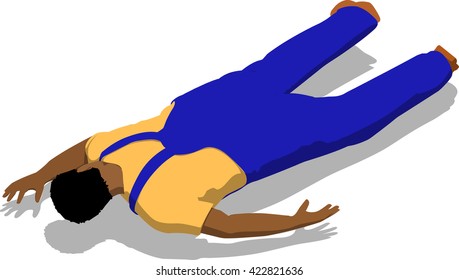 Beaten street fighter lying on the floor. African fat man in a blue overalls and a yellow t-shirt. 3d flat isometric.