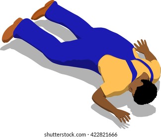 Beaten street fighter lying on the floor. African fat man in a blue overalls and a yellow t-shirt. 3d flat isometric.