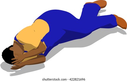 Beaten street fighter lying on the floor. African fat man in a blue overalls and a yellow t-shirt. 3d flat isometric.