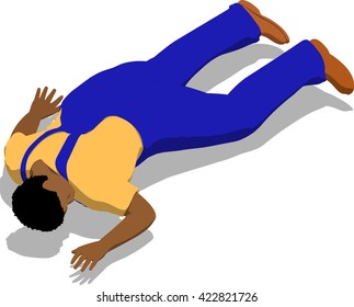 Beaten street fighter lying on the floor. African fat man in a blue overalls and a yellow t-shirt. 3d flat isometric.