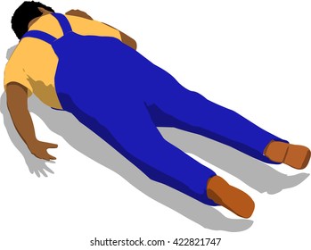 Beaten street fighter lying on the floor. African fat man in a blue overalls and a yellow t-shirt. 3d flat isometric.