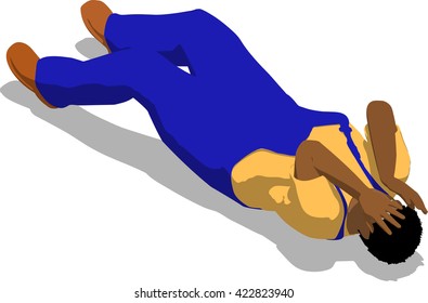 Beaten street fighter lying on the floor. African fat man in a blue overalls and a yellow t-shirt. 3d flat isometric.