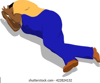 Beaten street fighter lying on the floor. African fat man in a blue overalls and a yellow t-shirt. 3d flat isometric.