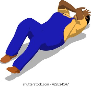 Beaten street fighter lying on the floor. African fat man in a blue overalls and a yellow t-shirt. 3d flat isometric.