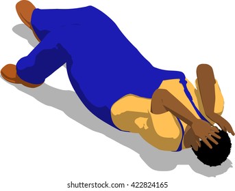 Beaten street fighter lying on the floor. African fat man in a blue overalls and a yellow t-shirt. 3d flat isometric.