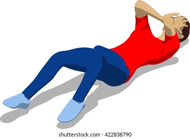 Beaten street fighter lying on the floor. Young athletic woman in red t-shirt and blue tights. 3d flat isometric.