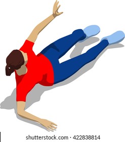 Beaten street fighter lying on the floor. Young athletic woman in red t-shirt and blue tights. 3d flat isometric.
