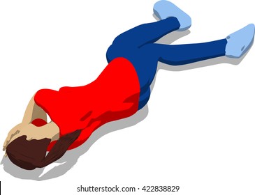 Beaten street fighter lying on the floor. Young athletic woman in red t-shirt and blue tights. 3d flat isometric.