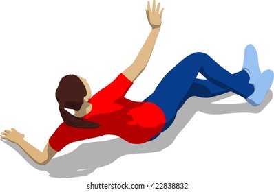 Beaten street fighter lying on the floor. Young athletic woman in red t-shirt and blue tights. 3d flat isometric.