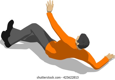 Beaten street fighter lying on the floor. Young thin man in orange shirt. 3d flat isometric.