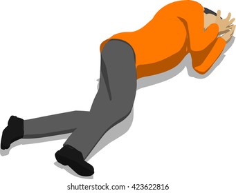 Beaten street fighter lying on the floor. Young thin man in orange shirt. 3d flat isometric.