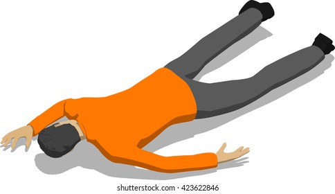 Beaten street fighter lying on the floor. Young thin man in orange shirt. 3d flat isometric.