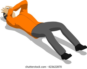 Beaten street fighter lying on the floor. Young thin man in orange shirt. 3d flat isometric.