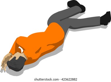 Beaten street fighter lying on the floor. Young thin man in orange shirt. 3d flat isometric.