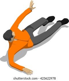 Beaten street fighter lying on the floor. Young thin man in orange shirt. 3d flat isometric.