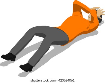 Beaten street fighter lying on the floor. Young thin man in orange shirt. 3d flat isometric.