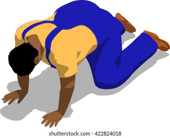 Beaten street fighter on all fours. African fat man in a blue overalls and a yellow t-shirt. 3d flat isometric.
