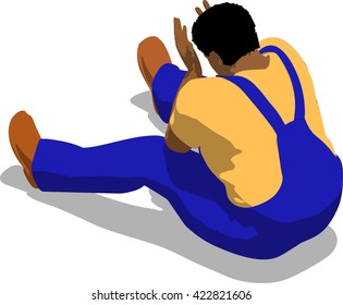 Beaten street fighter sitting on the ground. African fat man in a blue overalls and a yellow t-shirt. 3d flat isometric.