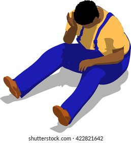 Beaten street fighter sitting on the ground. African fat man in a blue overalls and a yellow t-shirt. 3d flat isometric.