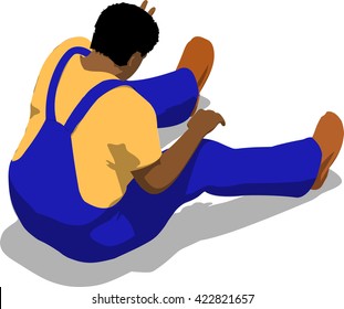 Beaten street fighter sitting on the ground. African fat man in a blue overalls and a yellow t-shirt. 3d flat isometric.