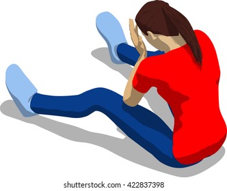 Beaten street fighter sitting on the ground. Young athletic woman in red t-shirt and blue tights. 3d flat isometric.