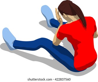 Beaten street fighter sitting on the ground. Young athletic woman in red t-shirt and blue tights. 3d flat isometric.