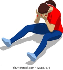 Beaten street fighter sitting on the ground. Young athletic woman in red t-shirt and blue tights. 3d flat isometric.