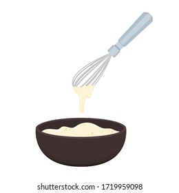 Beater whisk vector. Beater whisk on white background. Sticky flour. Flour stretch. Flour in bowl.