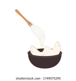Beater whisk vector. Beater whisk on white background. Sticky flour. Flour stretch. Flour in bowl.