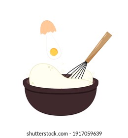 Beater whisk vector. Beater whisk on white background. Sticky flour. Flour stretch. Flour and Egg in bowl.