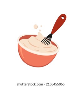 Beater whisk vector. Beater whisk on white background. Sticky flour. Flour stretch. Flour in bowl.